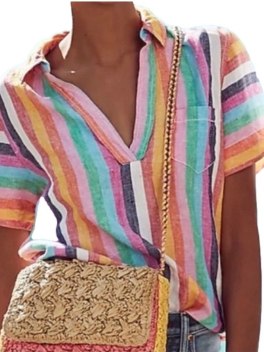 J Crew Popover Shirt Short Sleeve Linen Rainbow Stripe Size XS AN109